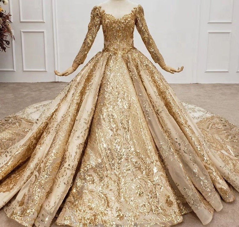 High Quality Gold Designer Luxury Long Sleeve Sequin Wedding Dress - Image 3