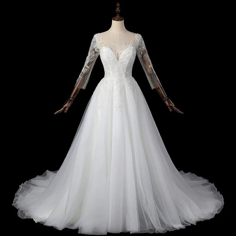 Sweetheart White Beading White Lace Wedding Dresses Shot Full Sleeve Bridal Gowns A Line Tulle