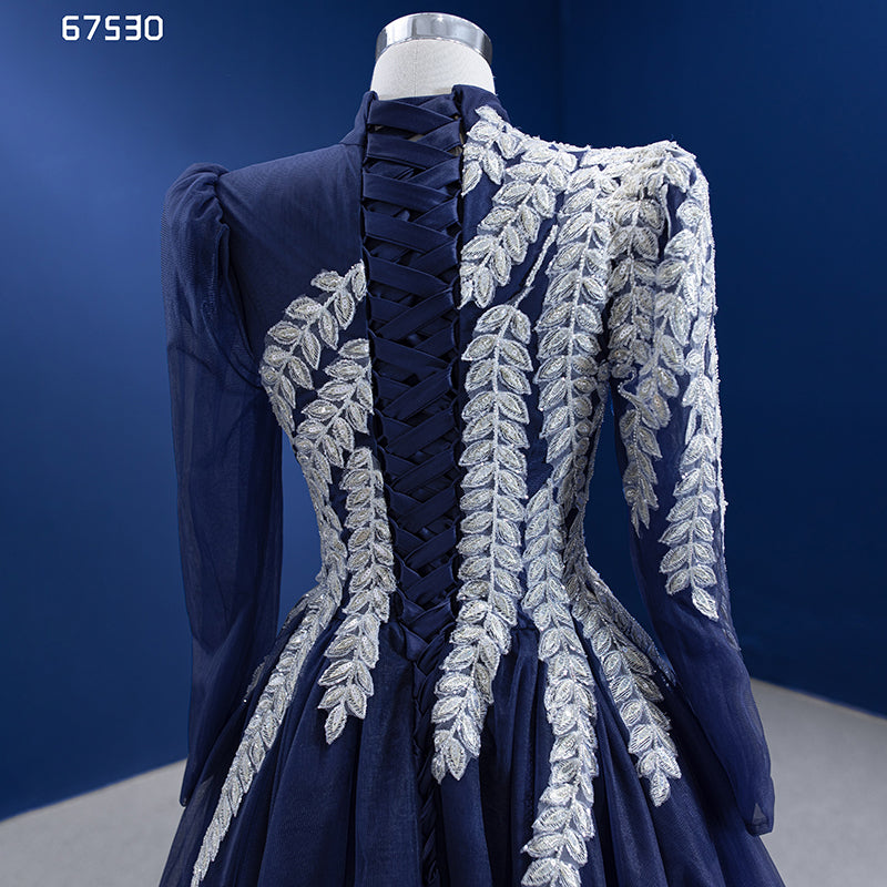 Latest Design High Quality Lace Feather Embroidered Long Sleeve Turtleneck Vintage Evening Dress - Image 6