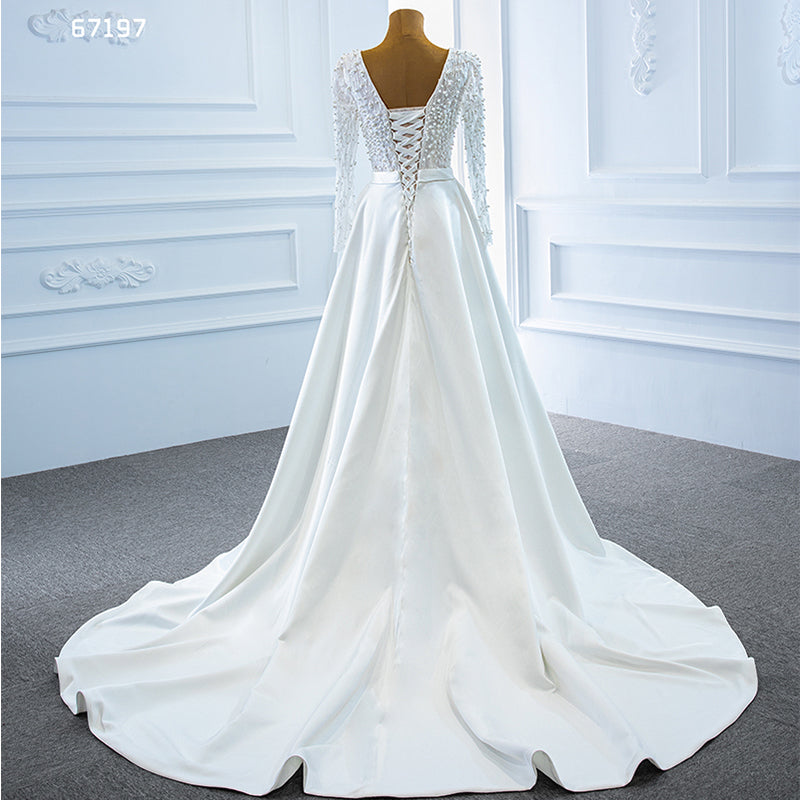 Long Sleeve Full Pearls Princess Ball Gown Wedding Dress - Image 6