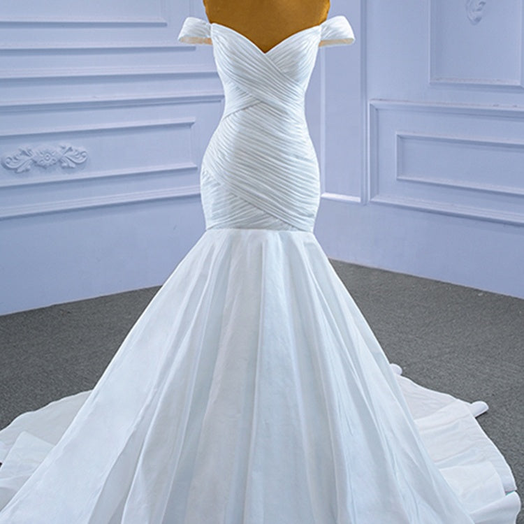 Women'S Elegant And Simple One-Shoulder V-Neck Cross White Mermaid Wedding Dress