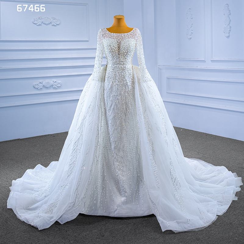 Sexy Long Sleeve Pearls Mermaid Wedding Gowns With Detachable Train