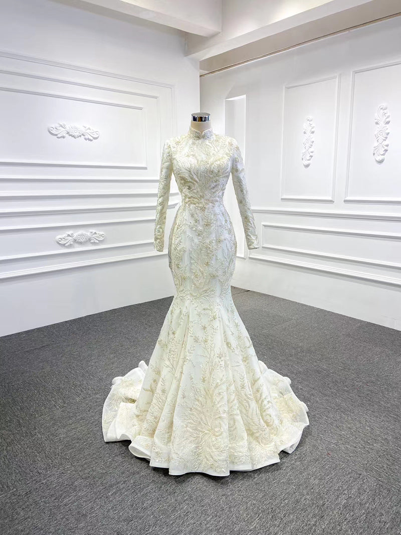 High Neck Long Sleeve Mermaid Quality Detachable Train Wedding Bridal Dress - Image 7