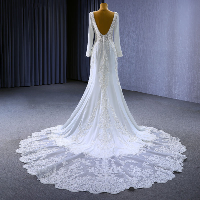 Modern White Backless Satin Appliques With Chapel Train Wedding Dresses - Image 5