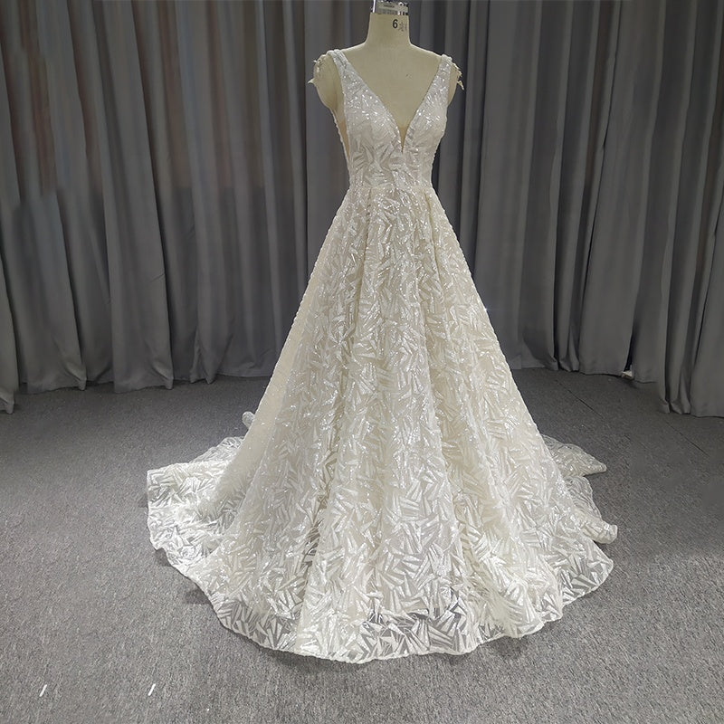 Ladies Formal Lace Deep V Beach Fashion Summer Wedding Dress Bridal Gown