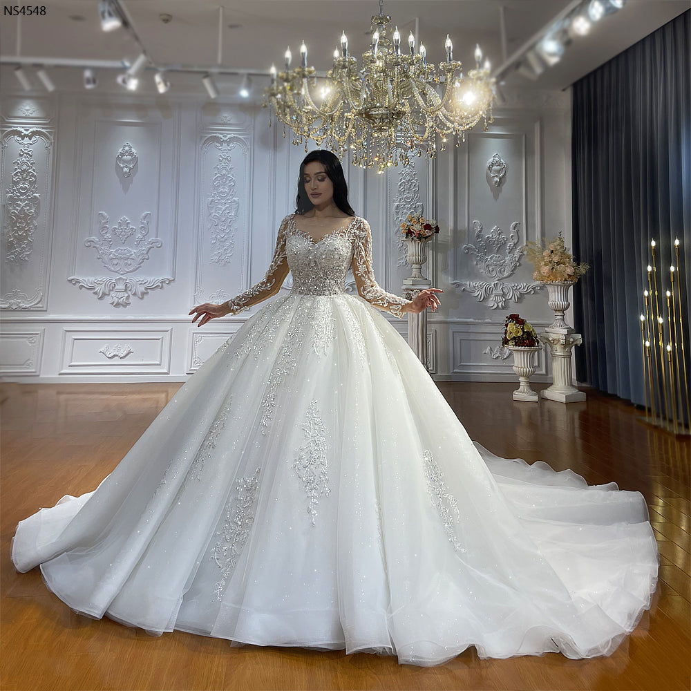 Bridal Dresses Women Lace Wedding Royal Train Lace Up Long Sleeve Ball Gown