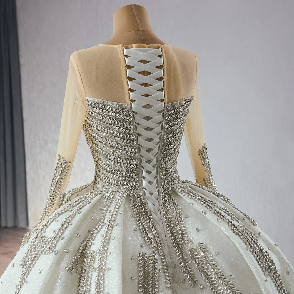 Vintage Rhinestone Long Sleeve Ball Gown Bride Wedding Dresses - Image 7