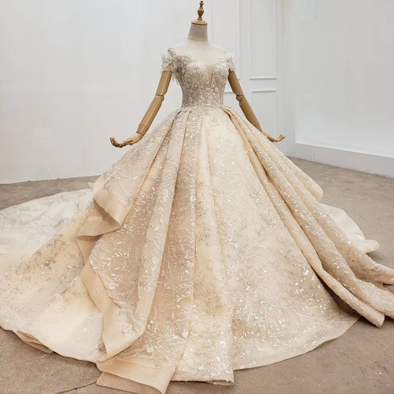 Off Shoulder Champagne Wedding Dresses