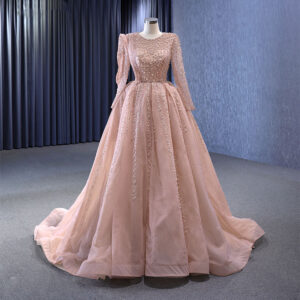 Princess Pink Ball Gown Sequined Full Sleeve Pearls Evening Dress