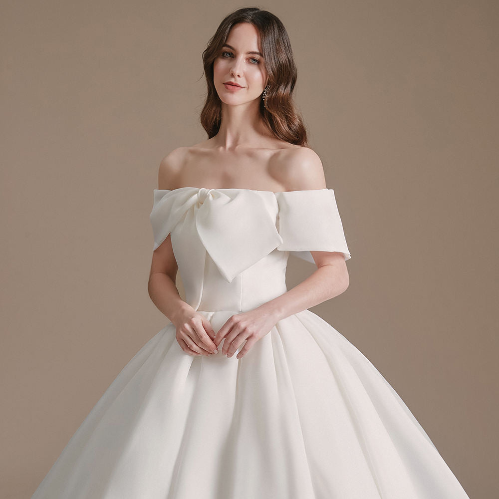 Princess Boat Neck Off Shoulder Satin Bridal Ball Gown Wedding Dress - Image 4