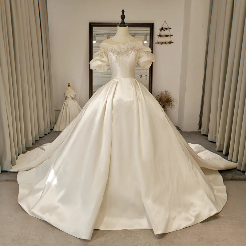 Romantic Ball Gown O-Neck Ruffles Satin Pearls Wedding Dress