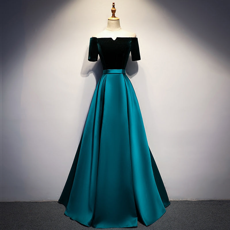 Real Elegant Off Shoulder Long Green Satin Evening Dresses