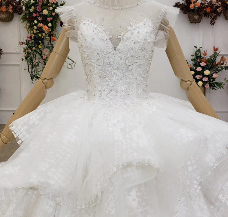 High Neck Lace Applique Cathedral Train Wedding Gown Dress - Image 6