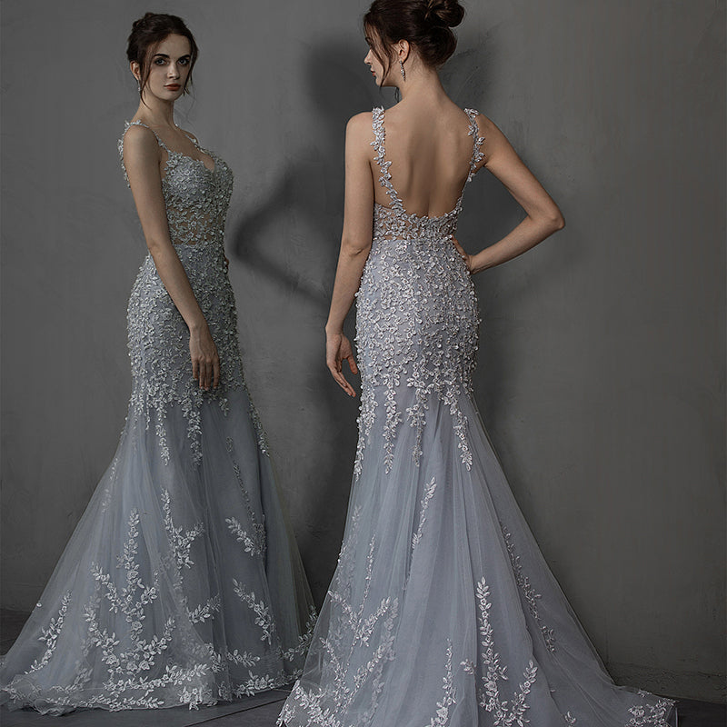 New Evening Dress Mermaid Ball Dress Sling Lace Embroidered Slim Fit Women Casual - Image 3