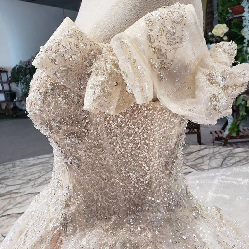elegant lace bridal off shoulder wedding dress ball gown long train - Image 6