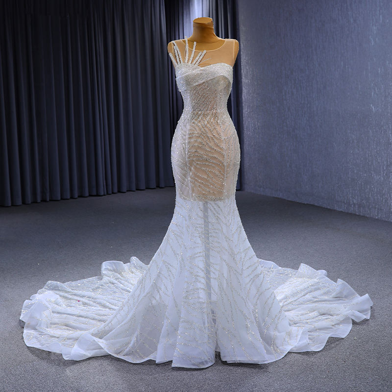 Modern White Mermaid Sequined Sleeveless Floor Length Prom Wedding Dress