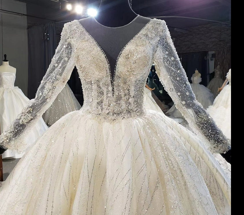 High Quality Luxury Long Sleeve Beading Bride Wedding Dress - Image 6