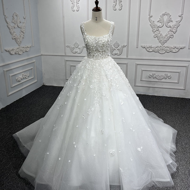 Beautiful Flower White Spaghetti Strap Bridal Gowns Dresses Women Wedding