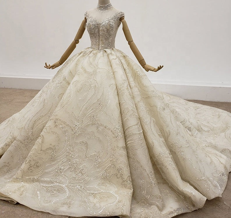 Luxury High Neck Sequin Deep V Wedding Dress Bridal Gown