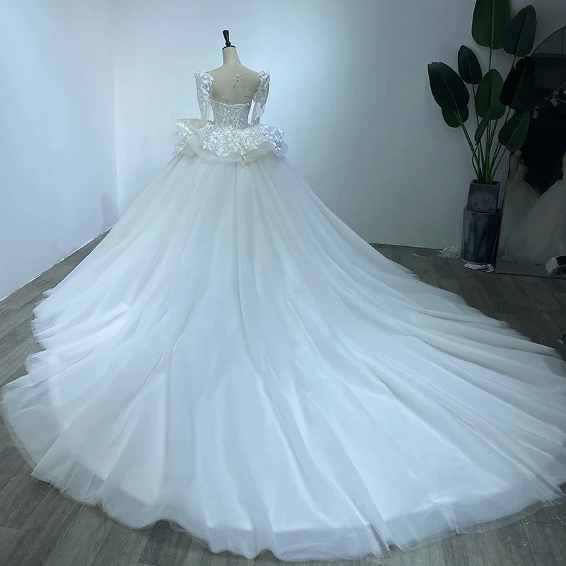 Elegant Applique Embroidery Bling Long Sleeves Layered Yarn Gown Bridal Wedding Dress - Image 5