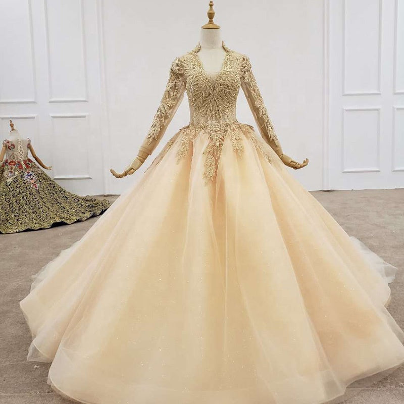 Princess Long Sleeve V Neck Elegant Lace Wedding Dress Bridal Gown - Image 3
