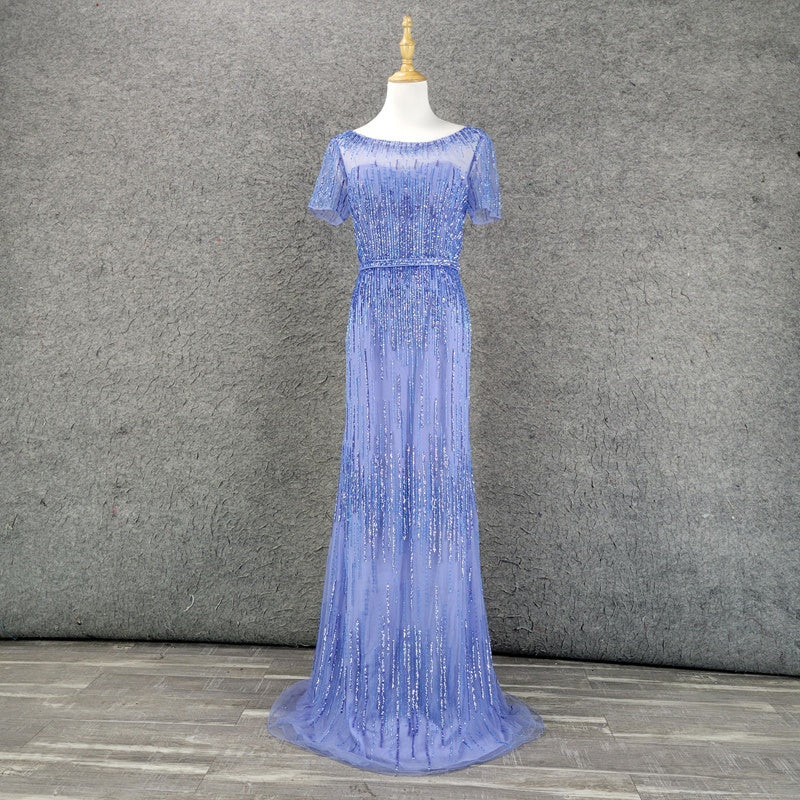 High quality ladies sexy bling lace blue prom evening dress