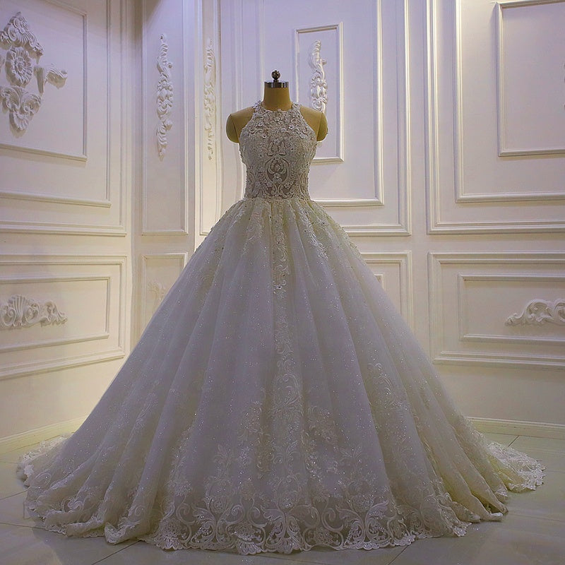 Elegant Turtleneck Wedding Dress Embroidered Slim Fit Backless Girls Dress