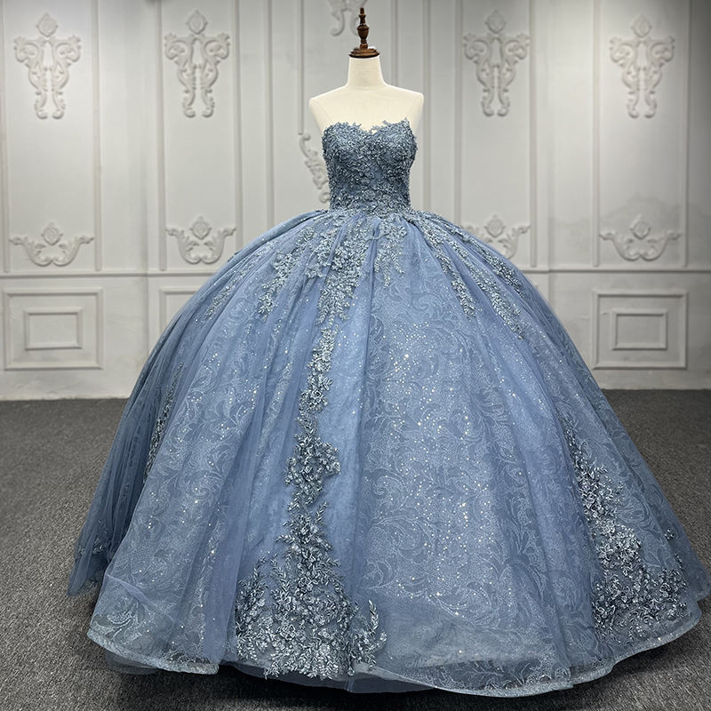 Elegant Blue Lace Sleeveless Ball Gown - Image 4
