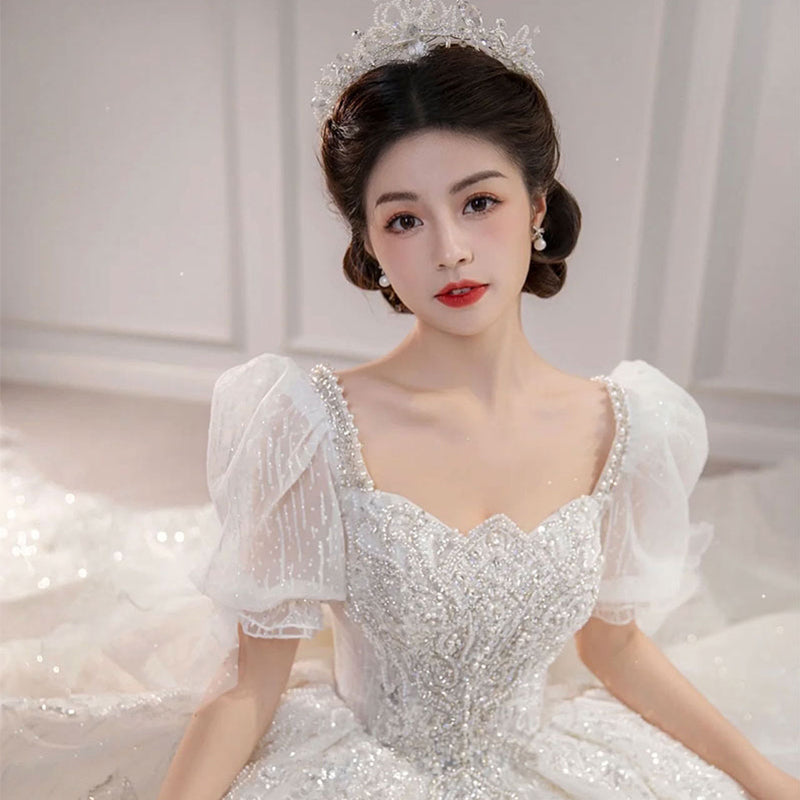 2022 New Puff Sleeve Big Trailing Bride Heavy Industry Luxury French Simple Ladies Wedding Dress - Image 5