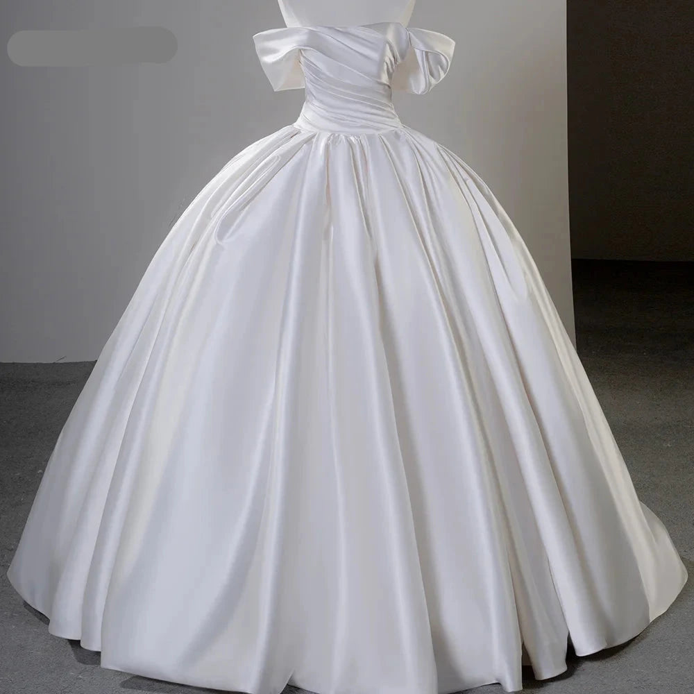 Off-The-Shoulder Wrinkles Satin Wedding Gown For Bride Chapel Train Gowns Women Wedding