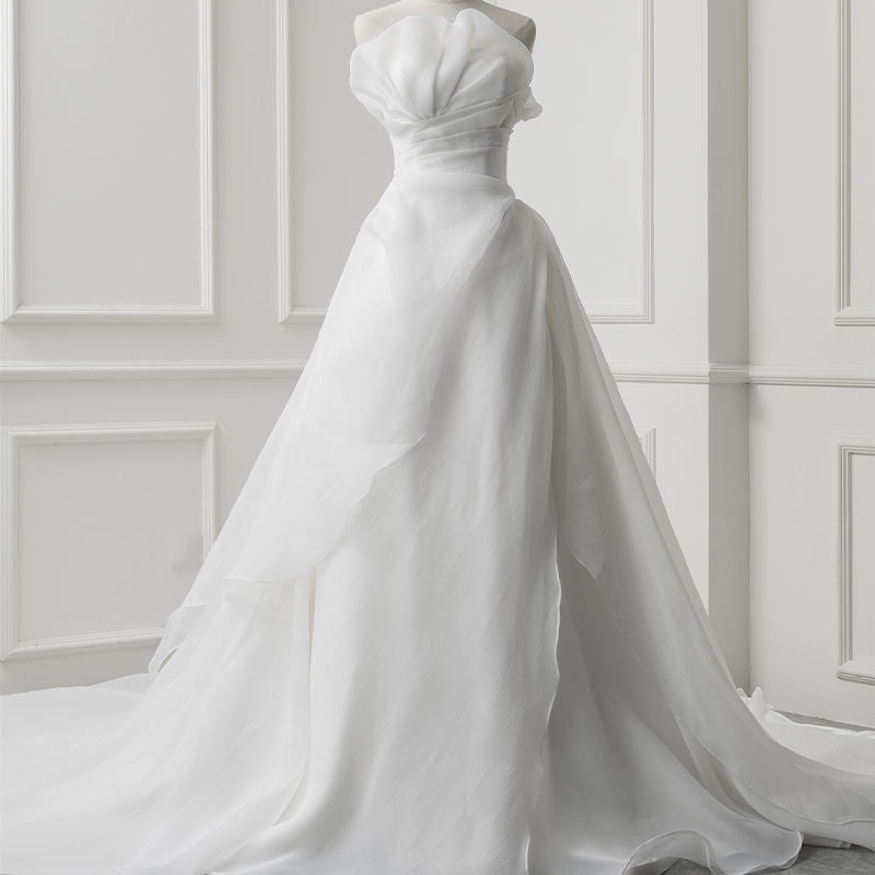 Classic Organza Strapless Sleeveless Lace Up Chapel Train Wedding Dress
