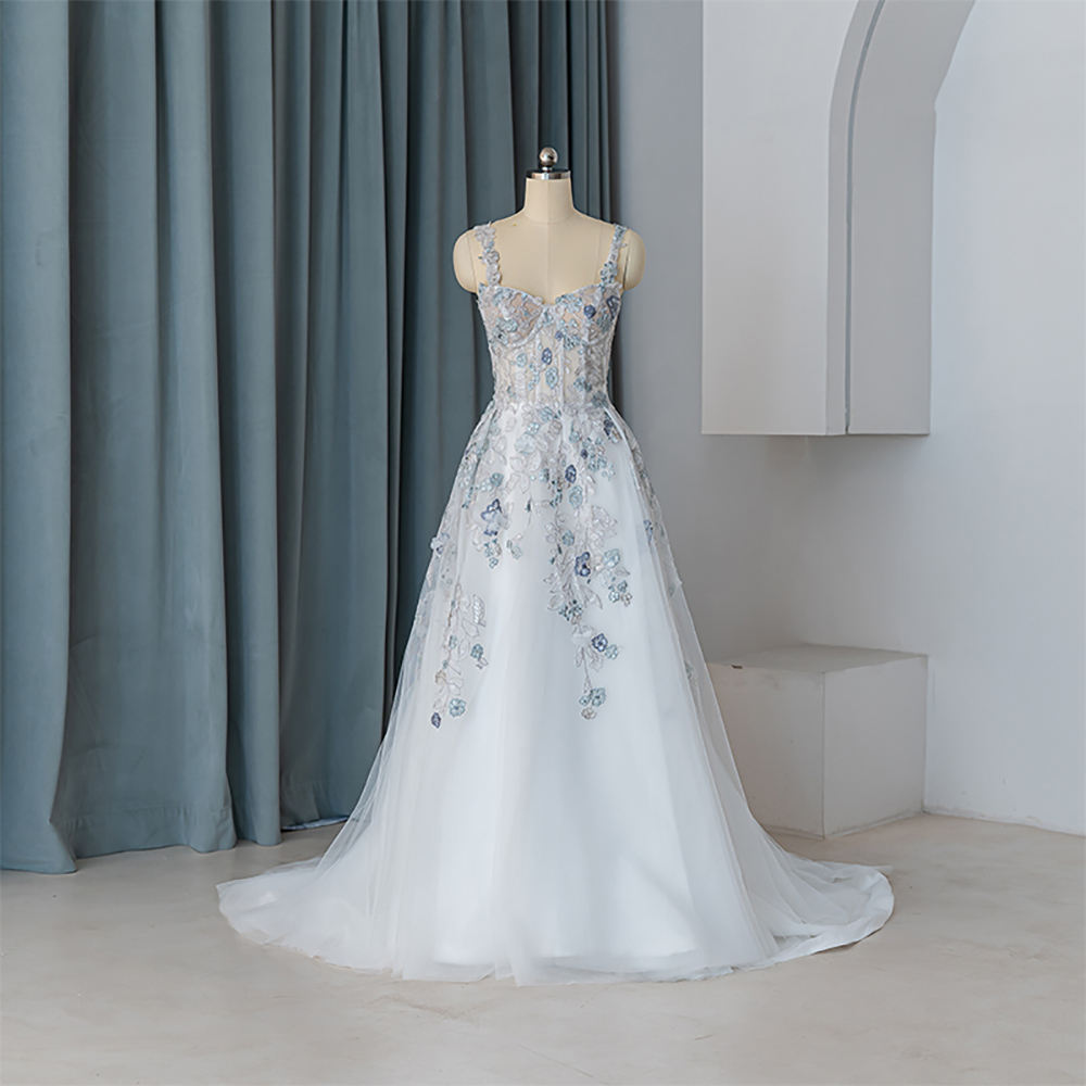 Spaghetti Strap Sweetheart Appliques Flowers A-line Wedding Down