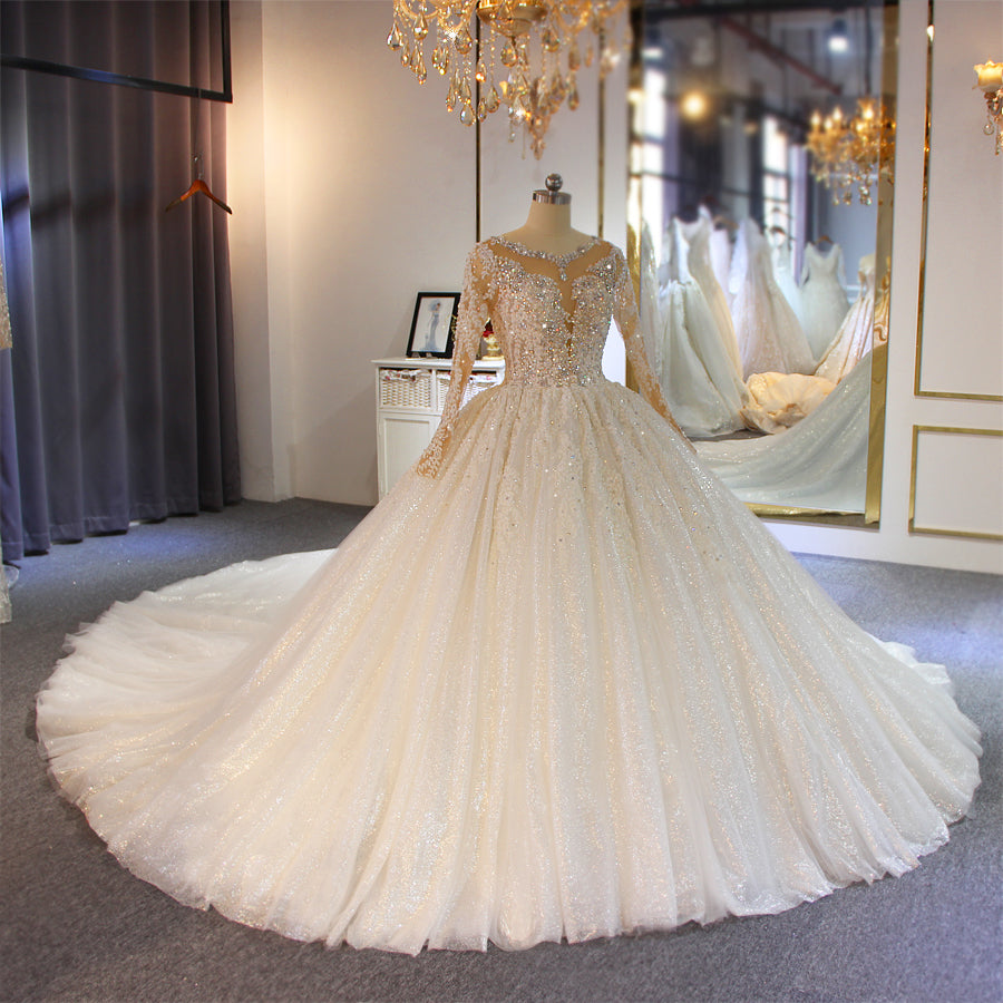 Wedding Dress Elegant Lace Long Sleeve Sequin Pearl Ladies Prom Dress