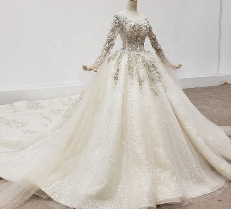 Full Sleeve Illusion Royal Train Wedding Dress Bridal Gowns