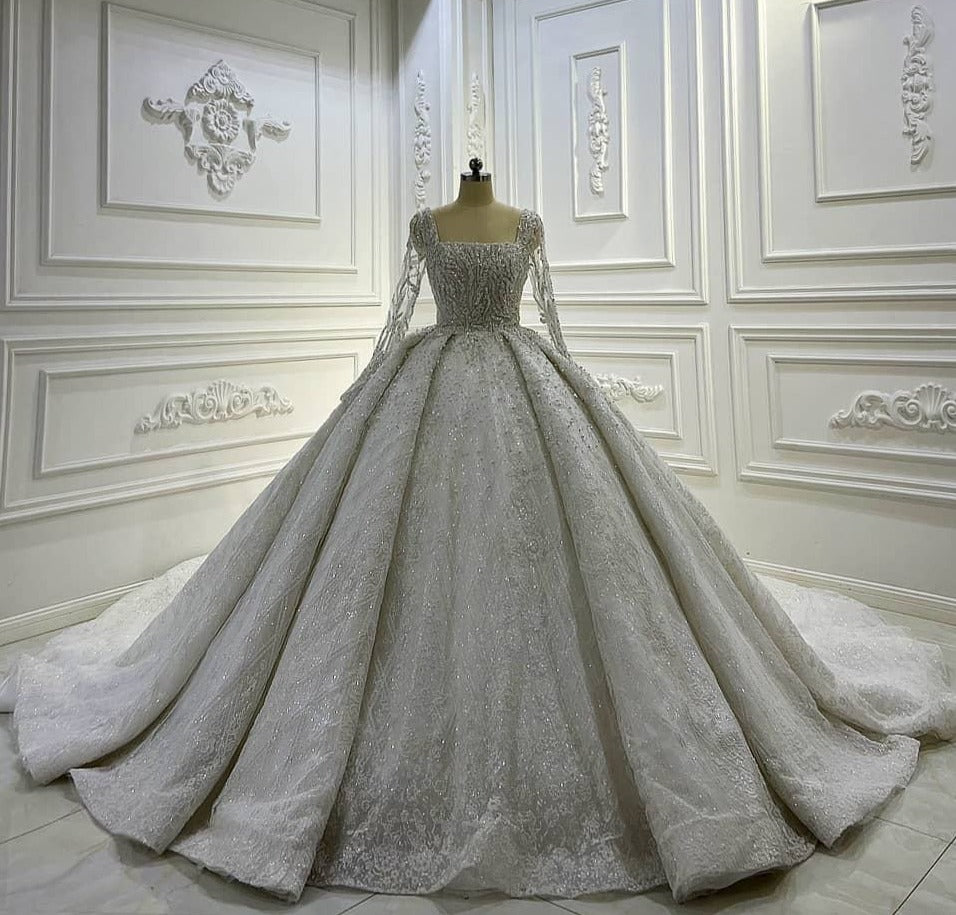 Luxury Crystal Wedding Bridal Dresses long sleeve folds Princess elegant ball gown