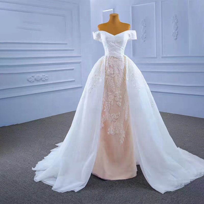 Ladies Elegant White One-Shoulder Cross Embroidered Bridal Wedding Dress