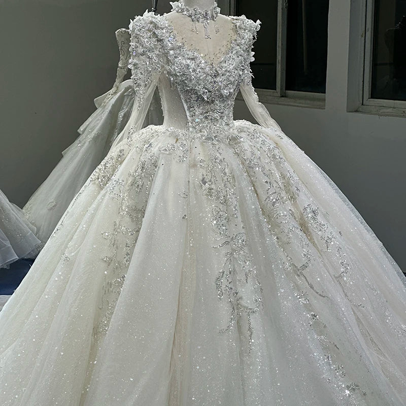 Princess Wedding Dress Illusion O-Neck Long Sleeve Pure Handmade Embroidery Applique Beading Formal Bride Gown - Image 7