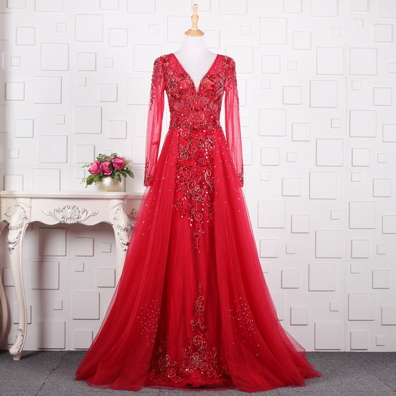 Full Sleeve V-Neck Brush Train Party Dress Illusion Beading A-Line Crystal Evening Dress - Image 3