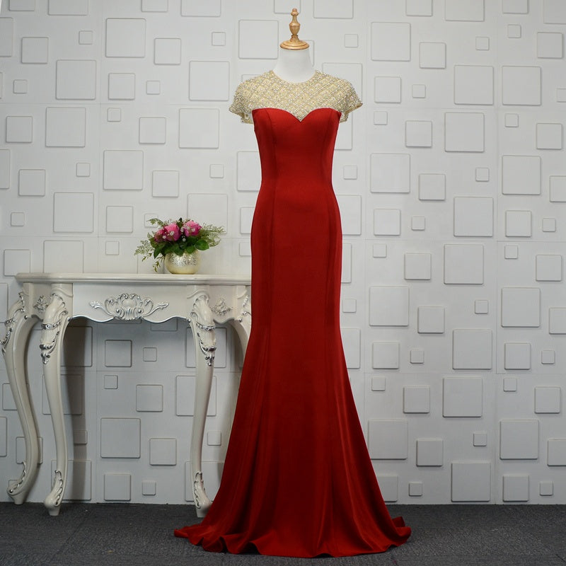 Ladies New Elegant Sequined Tight-Fitting Red Mermaid Evening Dress