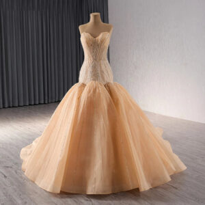 Luxury Champagne Crystal Mermaid Evening Dress For Women Wedding Party Long Formal Prom Gowns