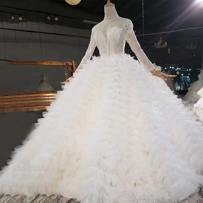 Beautiful High Neck Long Sleeve Sequined Wedding Gown Dress