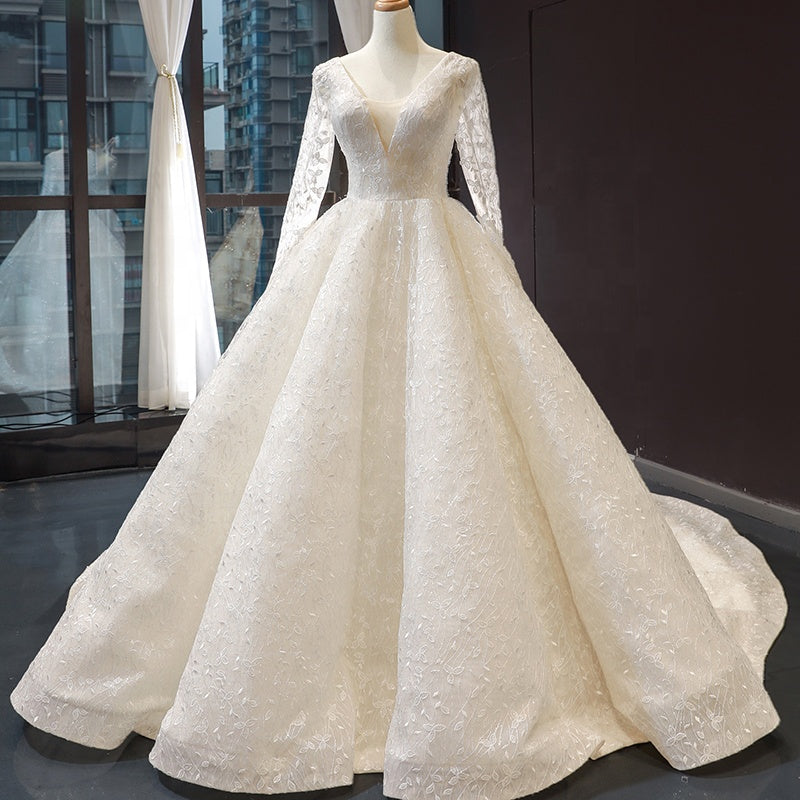 Long  Sleeve Deep V Elegant High Quality Wedding Dress