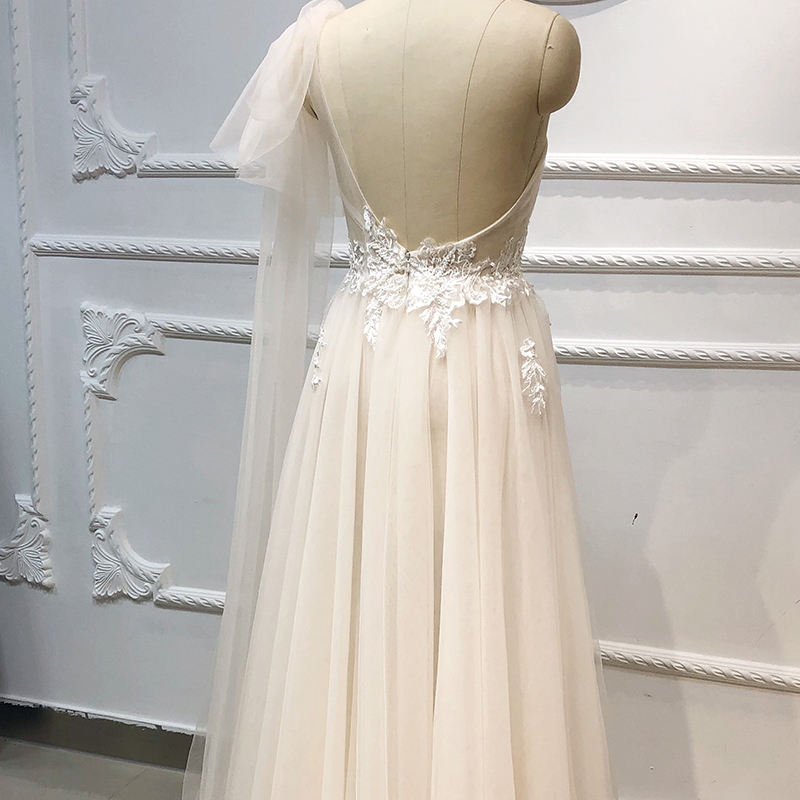 One Shoulder Backless Floor Length Floral Print Wedding Dresses - Image 5