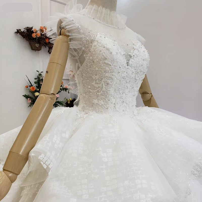 High Neck Lace Applique Cathedral Train Wedding Gown Dress - Image 7