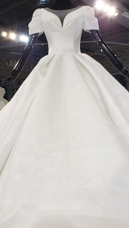 V Neek Satin White Long Train Wedding Dress Ball Gown - Image 2
