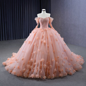 Customized Performance Dress One-Shoulder Long-Sleeved Ladylike Train Skirt 3D Floral Dress