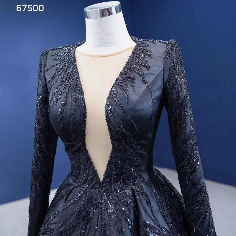 Ladies Evening Dress Latest Design Elegant Long Sleeve Black Beaded Prom Evening Dress - Image 4