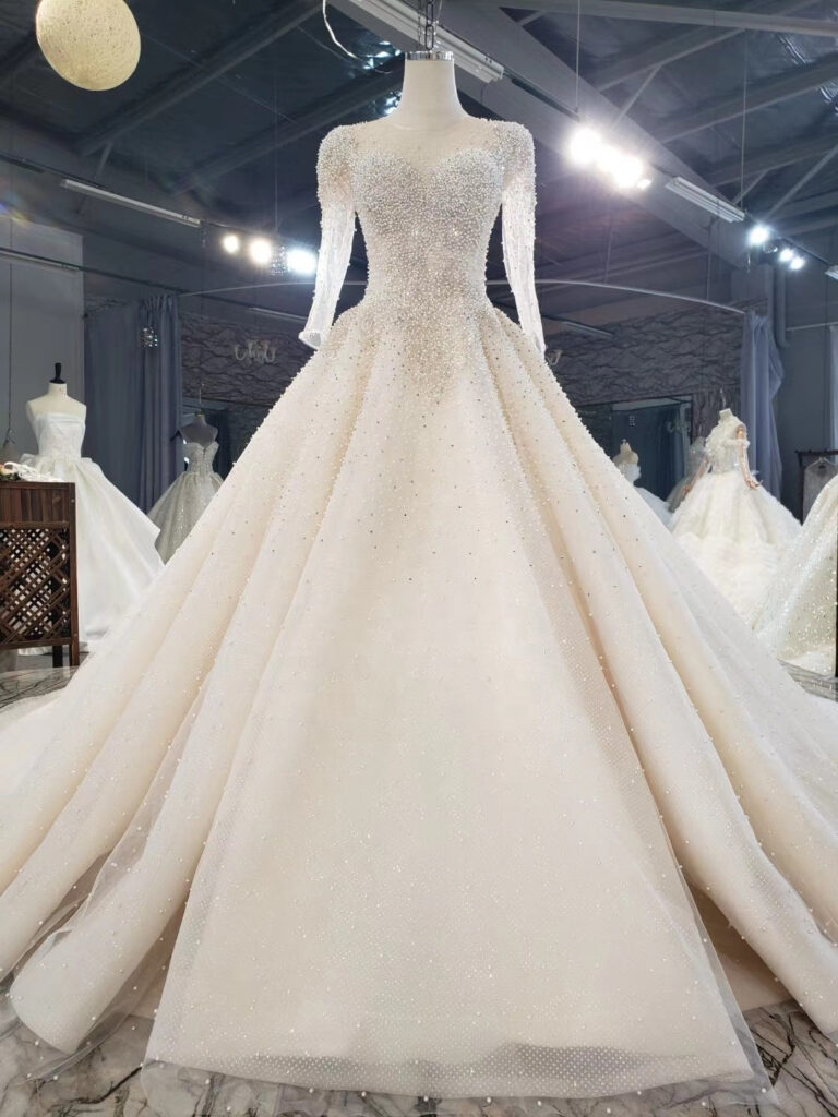 Embroidered Pearl Bridal Gowns Wedding Dress Full Sleeve