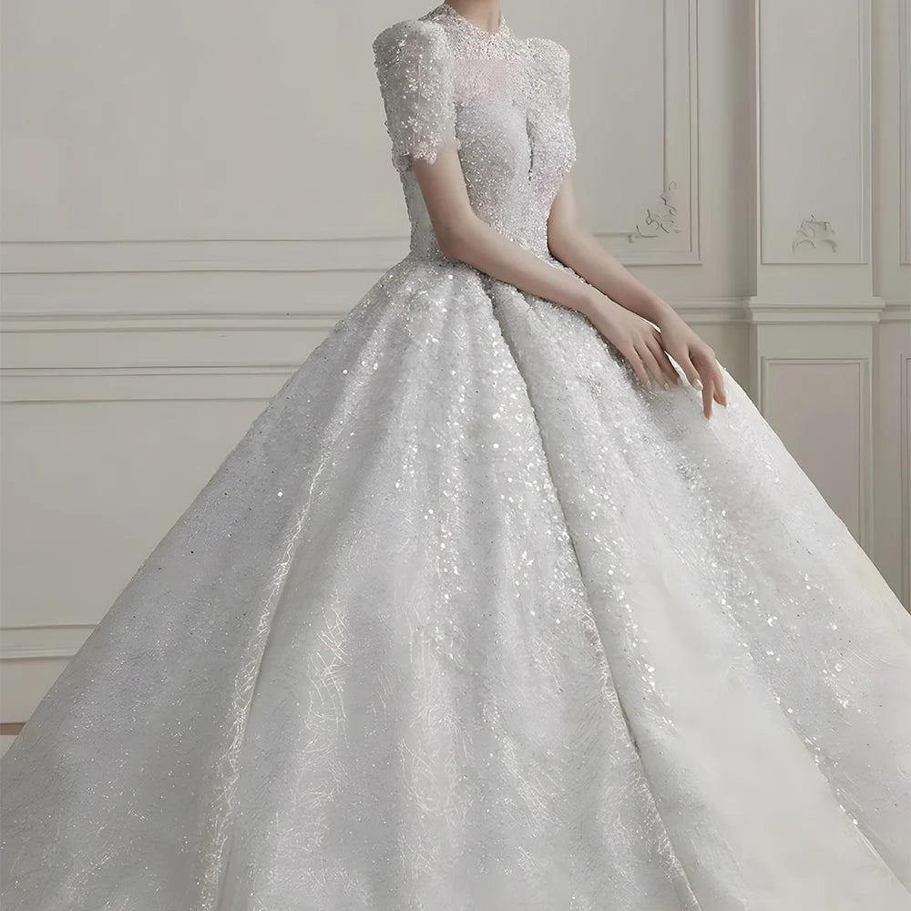 Pearls Wedding Dresses Beadings Puff Sleeve Tulle Lace Long Train Ball Bridal Gowns - Image 6