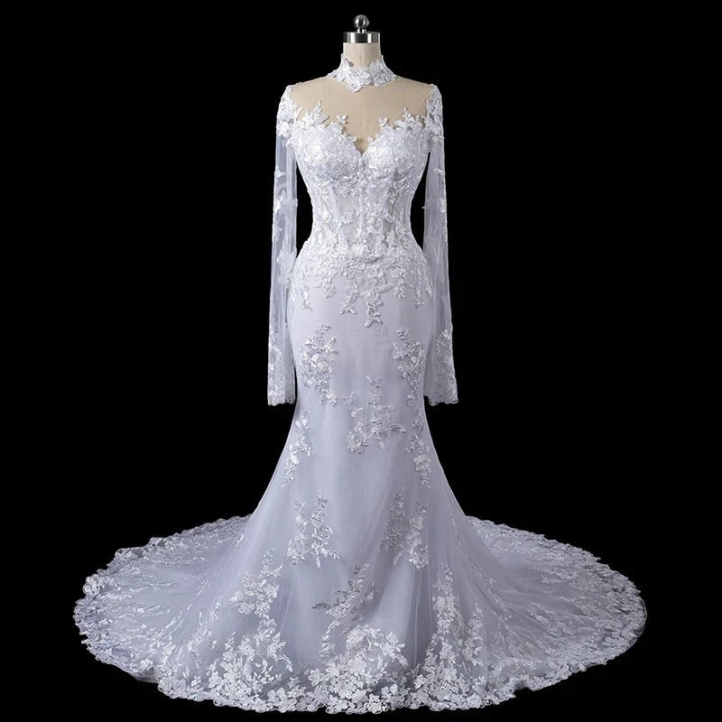 Lace Mermaid Wedding Dress For Women V Neck Long Sleeve Floral Backless Bridal Gown 2024